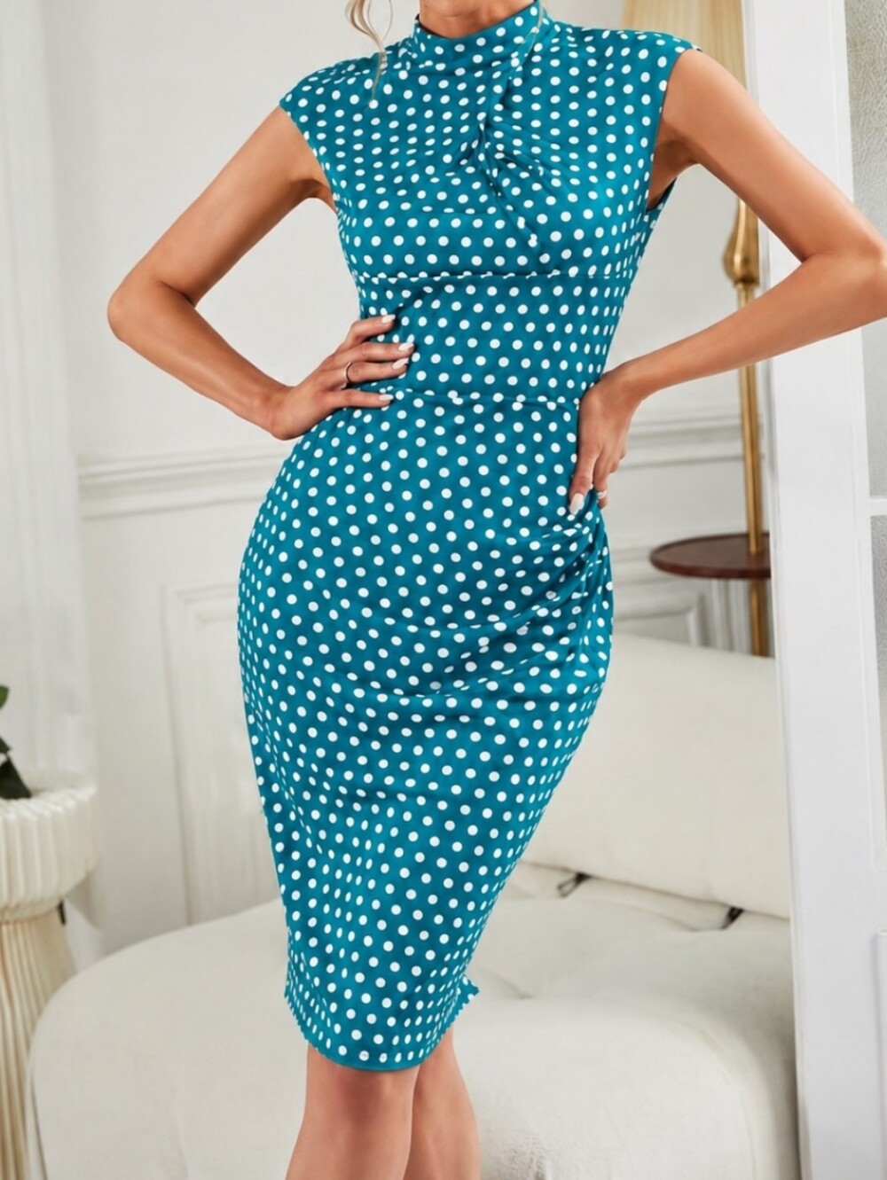 Miusol Teal White Polka Dot Ruched Mock Neck Bodycon Medium Dress Old Money Vibe